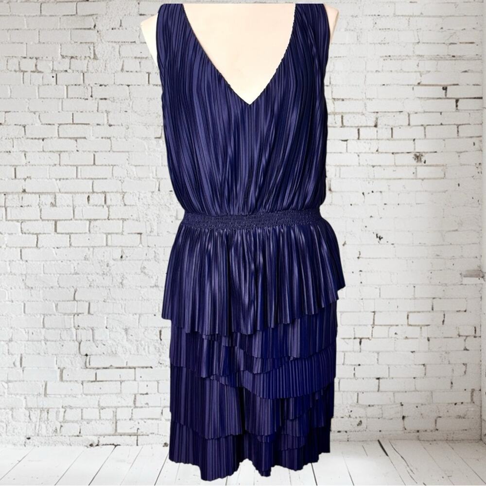 Banana Republic Navy Blue Pleated Ruffle Sleeveless Dress Holiday Slip On Party